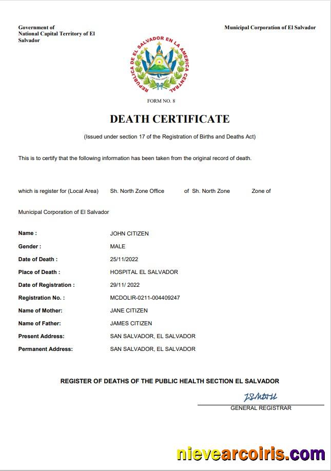 El Salvador vital record death certificate